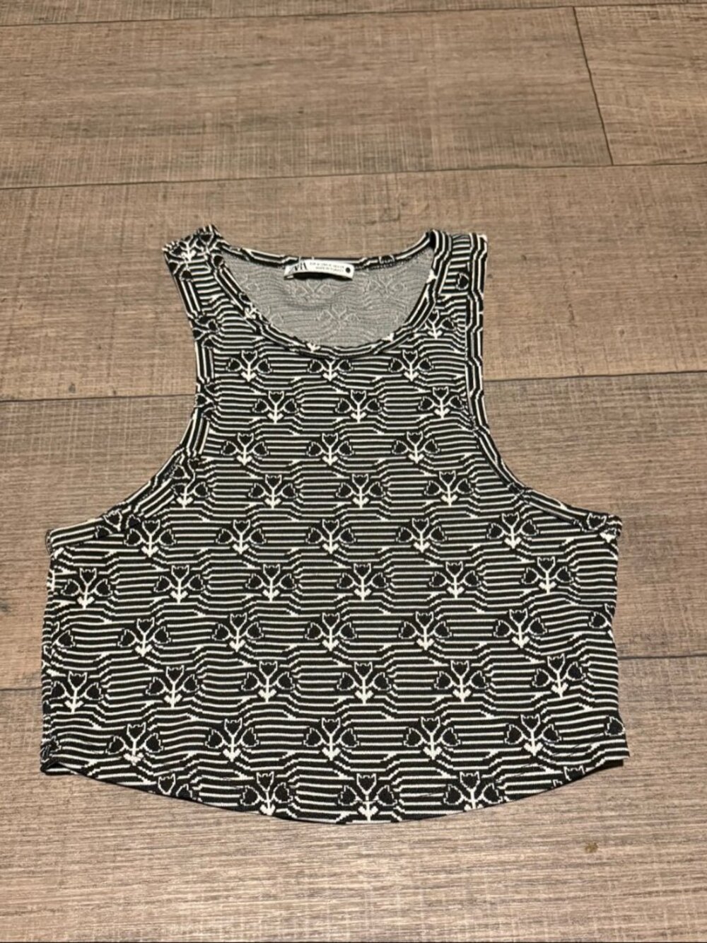 Zara Black White Patterned Cropped Tank Top Women's M